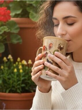 👛 (ANY 2/$20) BLUE Harbor hand-Painted Floral Ceramic Mug, Tan 16 oz. Capacity